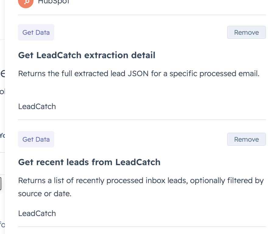 HubSpot's Breeze tools settings listing LeadCatch's two data tools — Get LeadCatch extraction detail and Get recent leads from LeadCatch — each with a Get Data action